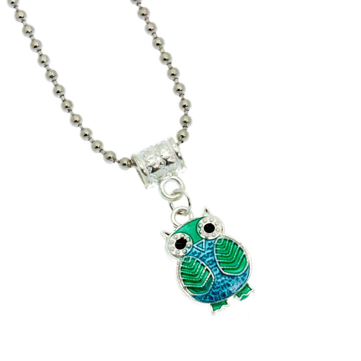 Blue and green owl necklace