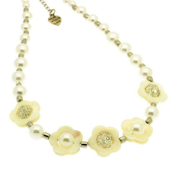 Colar pérola, branco e prateado com madrepérola