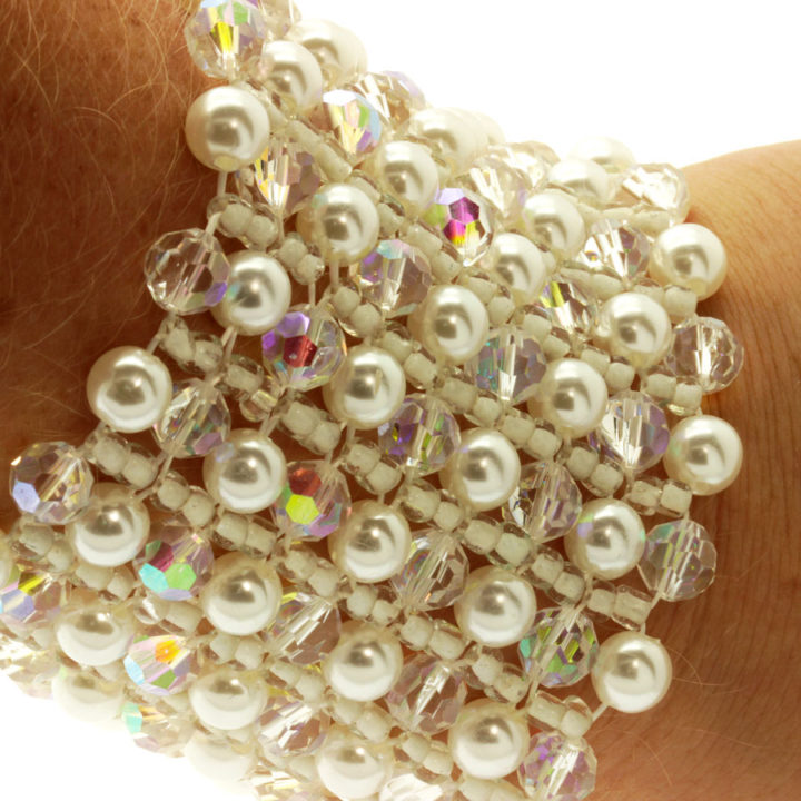 Pulseira pérola e cristal elástica larga para Noivas
