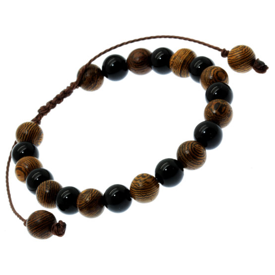 Pulseira Tibetana de madeira com pedra natural ónix brilho