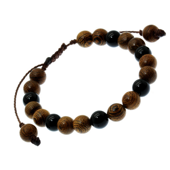 Pulseira Tibetana de madeira com pedra natural ónix brilho