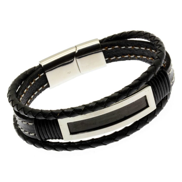 Pulseira de couro preto tripla