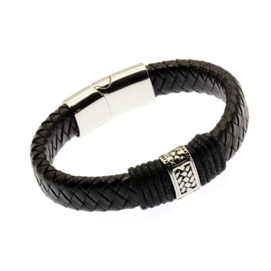 Pulseira de couro preto entrançado