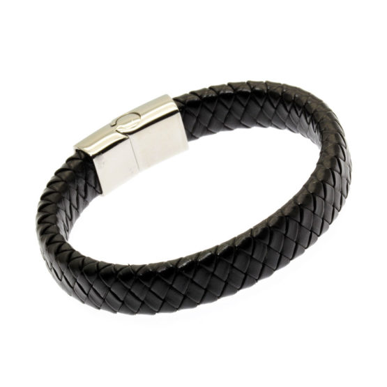 Pulseira de couro preto entrançado