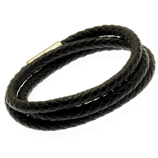 Pulseira de couro preto entrançado tripla