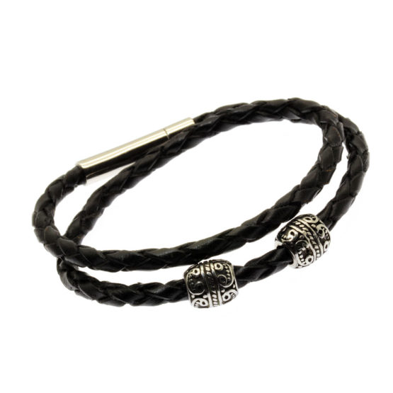 Pulseira de couro preto entrançado dupla