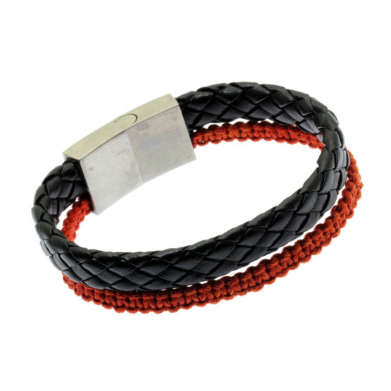 Pulseira de couro preto entrançado dupla