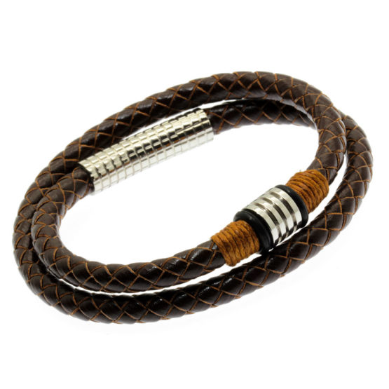Pulseira de couro castanho entrançado dupla
