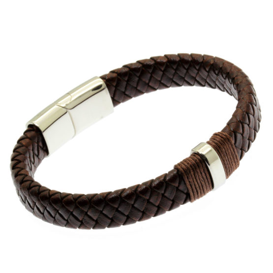 Pulseira de couro castanho entrançado encerado