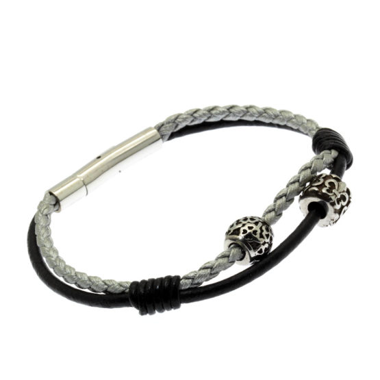 Pulseira de couro cinzento e preto