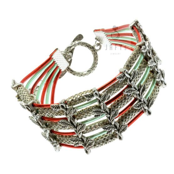 Pulseira de couro vermelho verde prateada