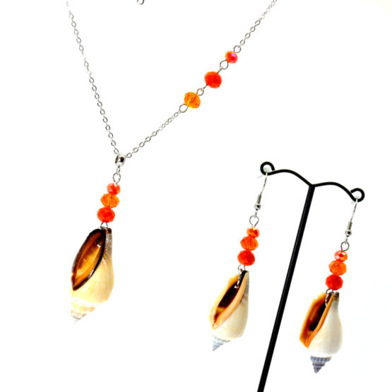 Conjunto colar e brincos búzios laranja