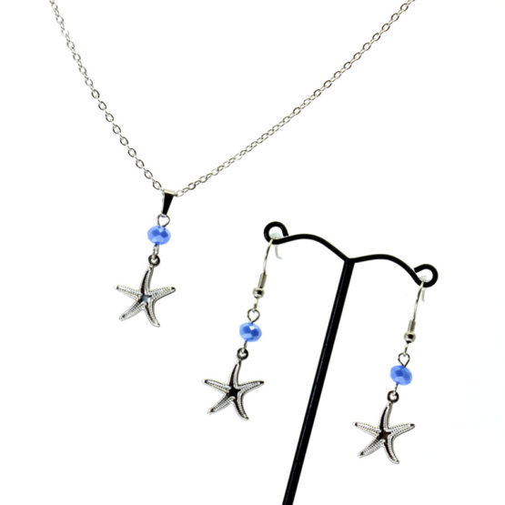 Conjunto colar e brincos estrela do mar azul
