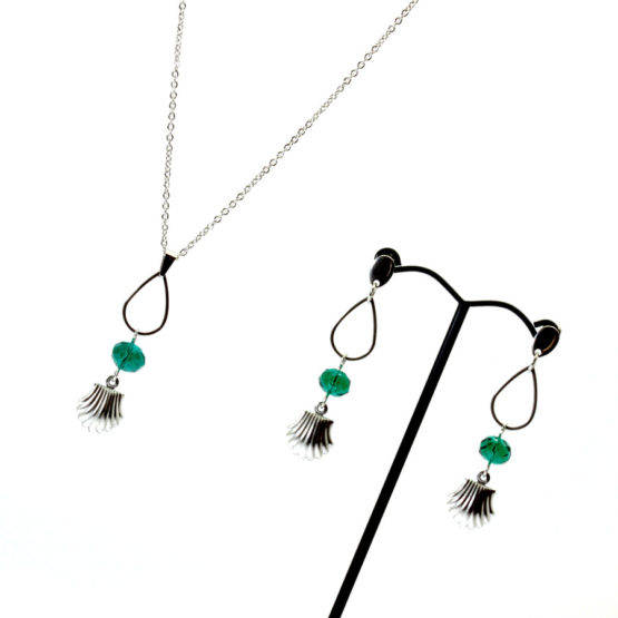 Conjunto colar e brincos conchas verde
