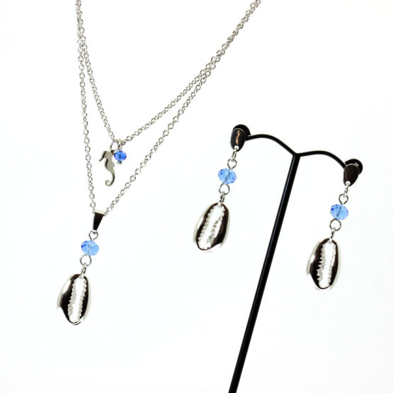Conjunto colar e brincos búzios azul