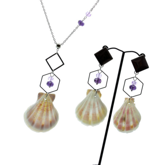 Conjunto colar e brincos conchas roxo