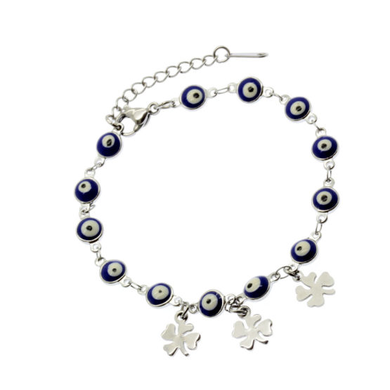 Pulseira aço com Olhos Gregos e trevos