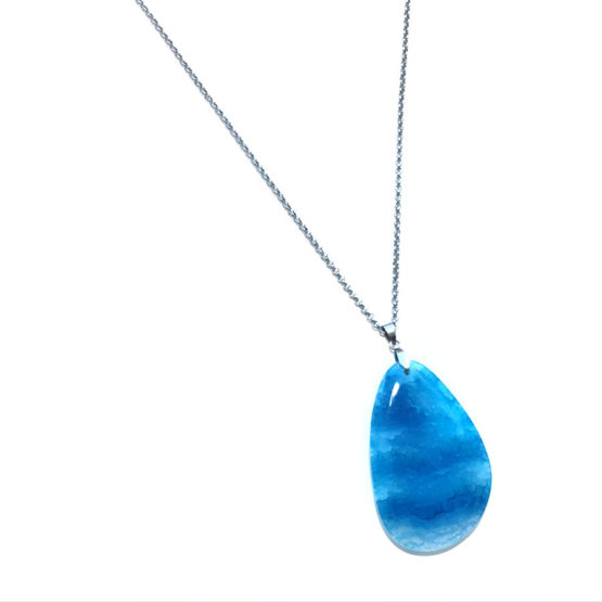 Colar aço com pedra natural ágata azul